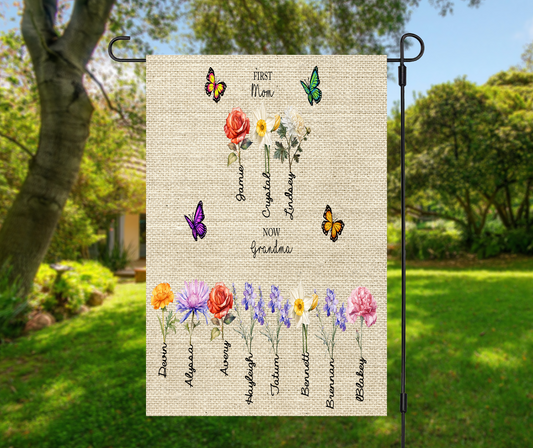 First Mom Now Grandma with children & grandchildren's name & birth month flowers - Garden Flag, 2 styles with or without stand