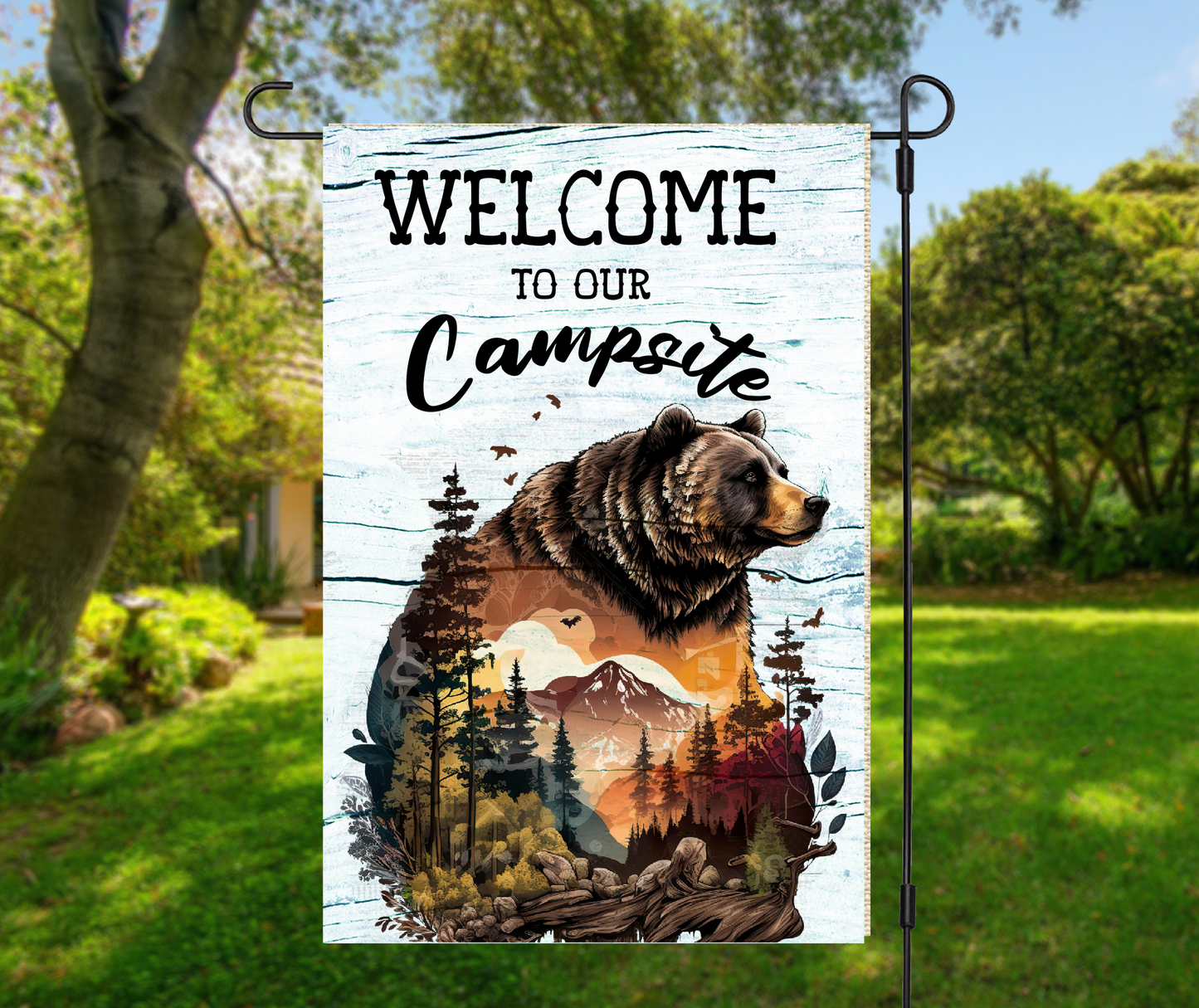 Welcome Bear Scene, Customize Greeting - Garden Flag, 2 styles with or without stand