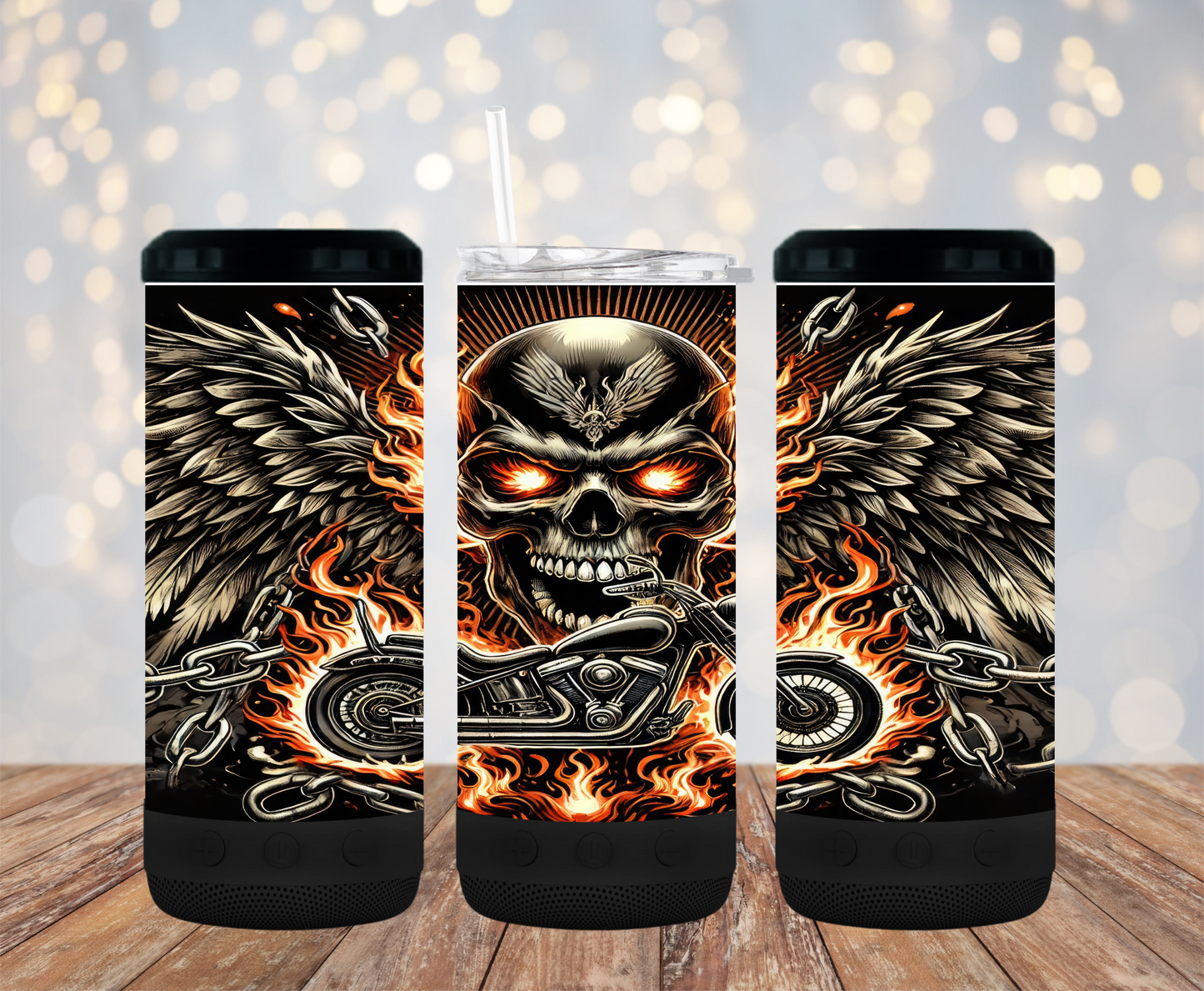 Flaming  Skull, Wings & Harley - 15, 20 or 30oz skinny tumblers, 4 in 1 can cooler/tumbler and 4 in 1 can cooler/tumbler or 20oz blue tooth speaker tumblers