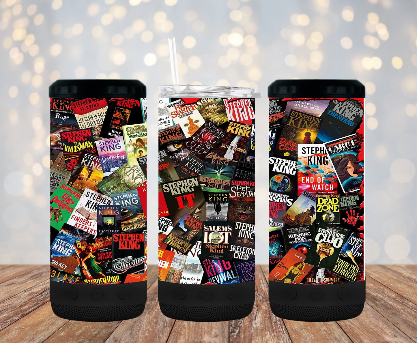 Stephen Kings Book Titles Collage - 15, 20 or 30oz skinny tumblers, 4 in 1 can cooler/tumbler and 4 in 1 can cooler/tumbler or 20oz blue tooth speaker tumblers