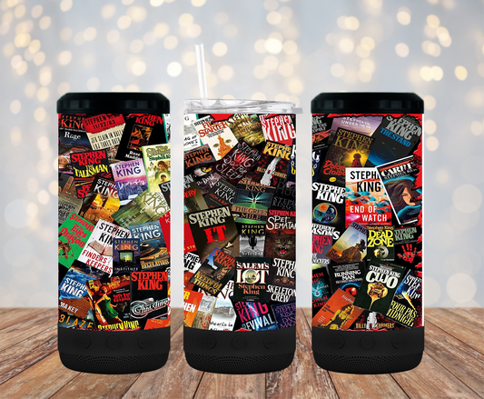 Stephen Kings Book Titles Collage - 15, 20 or 30oz skinny tumblers, 4 in 1 can cooler/tumbler and 4 in 1 can cooler/tumbler or 20oz blue tooth speaker tumblers