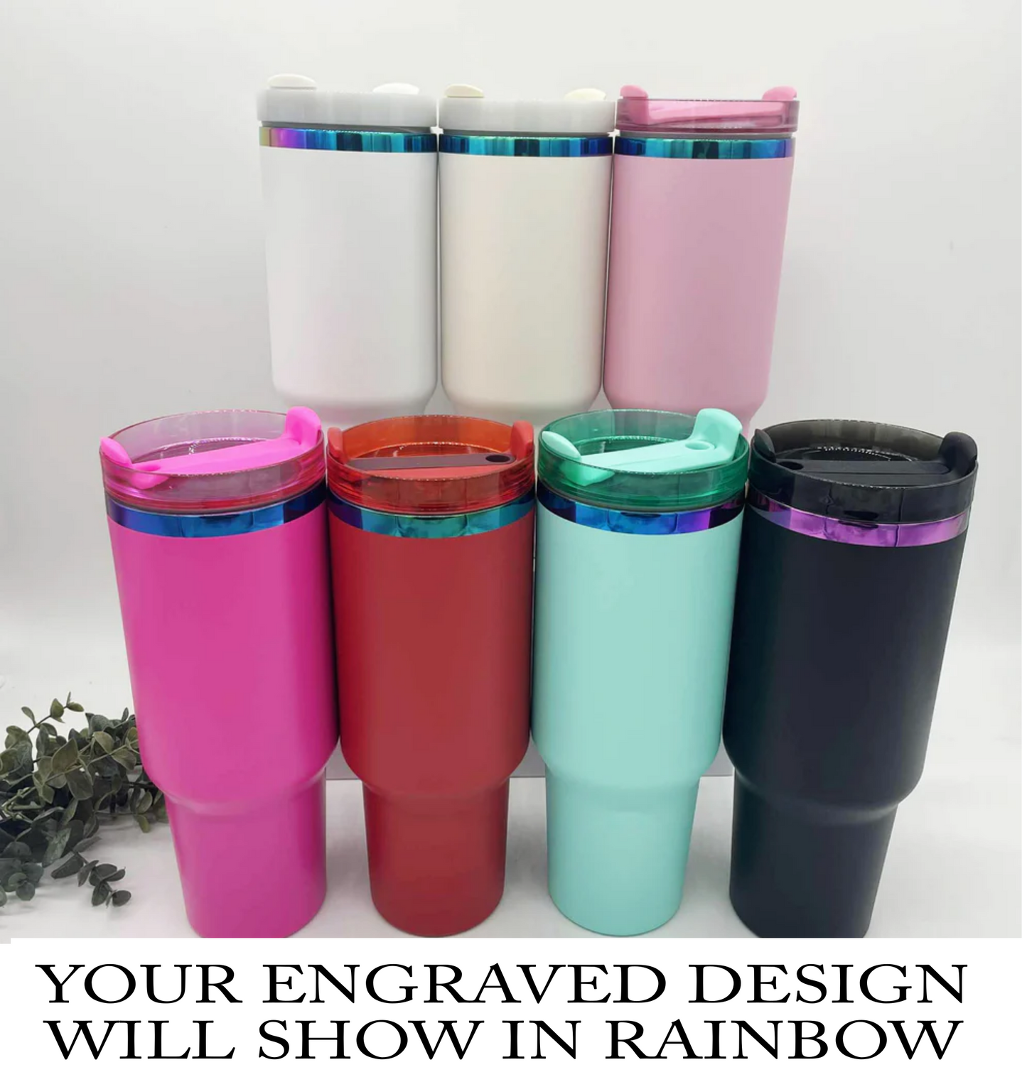 Design Your Own - Engraved Rainbow Plated 40oz tumbler with handle