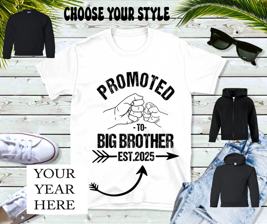 Promoted to Big Brother Est. "Year", Personalized - Youth Tee, Sweatshirt, Pullover or Zip Up Hoodie