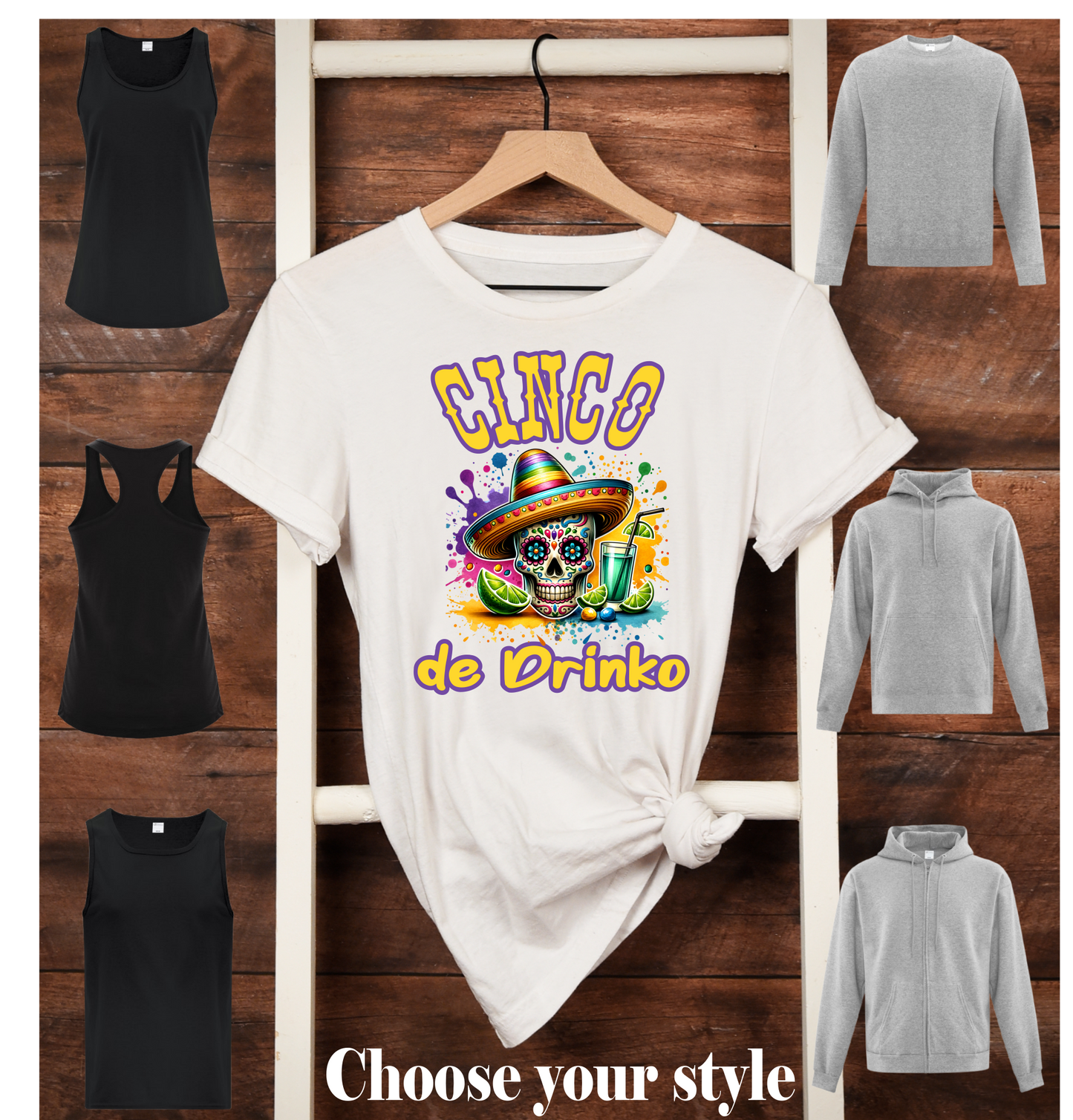 Cinco De Drinko, Sugar Skull with Sombrero - Adult T-Shirts, Tank Tops, Sweatshirts & Hoodies