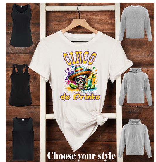 Cinco De Drinko, Sugar Skull with Sombrero - Adult T-Shirts, Tank Tops, Sweatshirts & Hoodies