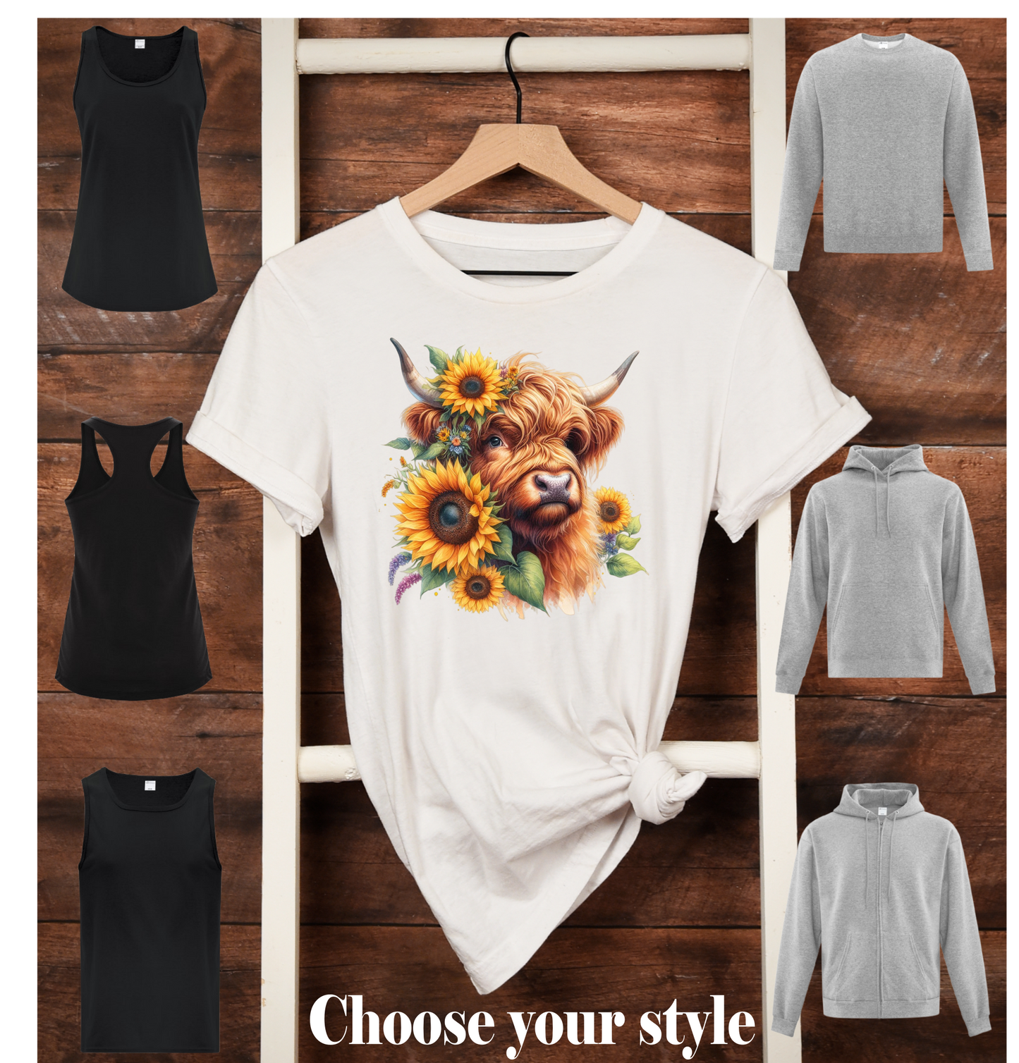 Highland Cow with Sunflowers -  Adult T-Shirts, Tank Tops, Sweatshirts & Hoodies