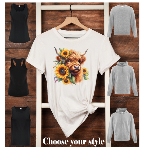 Highland Cow with Sunflowers -  Adult T-Shirts, Tank Tops, Sweatshirts & Hoodies