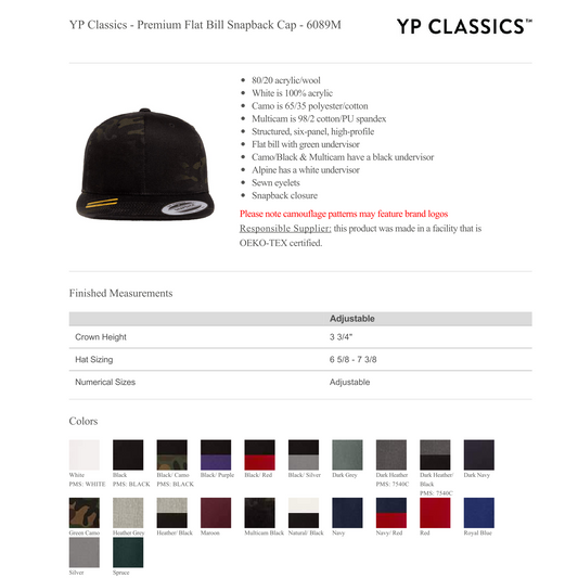 Design Your Own - YP Classics Premium Flat Bill Snapback Cap 6089M