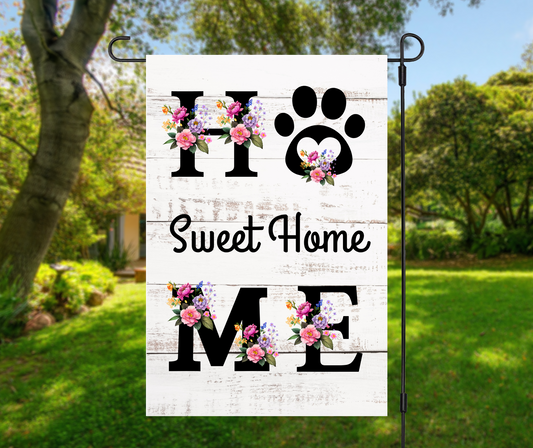 Home Sweet Home Pet Paw Print with Heart and Flowers - Garden Flag, 2 styles with or without stand