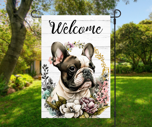 Welcome French Bulldog & Flowers - Garden Flag, 2 styles with or without stand
