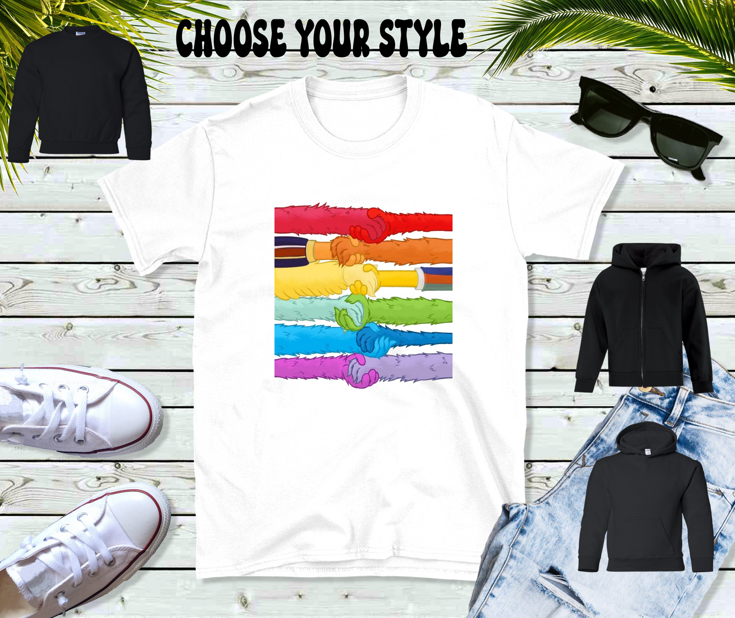 Pride Rainbow Of Handshakes, Sesame Street Inspired - Youth Tee, Sweatshirt, Pullover or Zip Up Hoodie