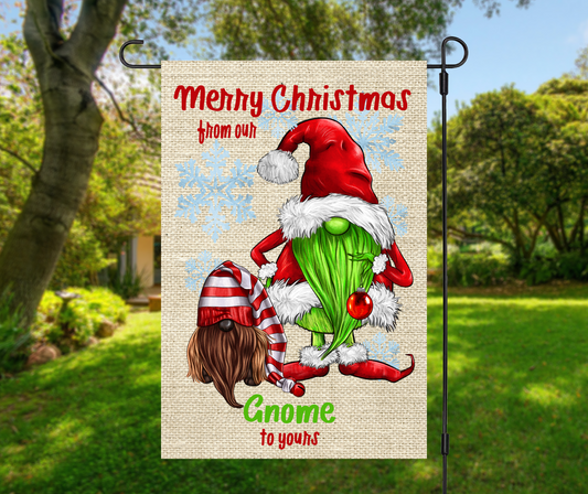 Merry Christmas From Our Gnome To Yours, Gnomes - Garden Flag, 2 styles with or without stand