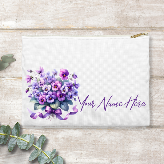 Birth Month Flowers and Name, Personalized - Cosmetic Makeup Bag, Pencil Case, Storage Pouch