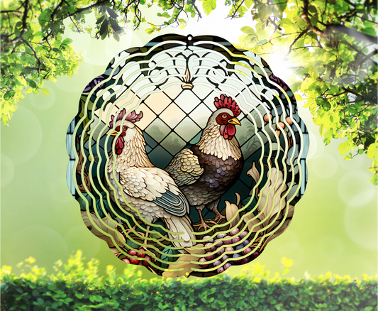 Chickens, Stained Glass Look - Wind Spinner, 6 styles & 2 sizes to choose from