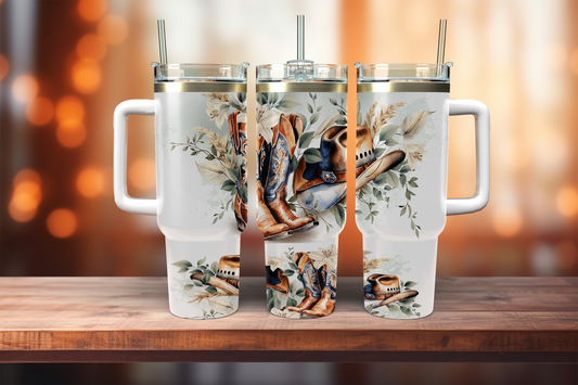 Cowboy Boots & Hat with Florals - 40oz tumbler with handle