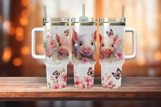 Piglet, Butterflies and Flowers - 40oz tumbler with handle