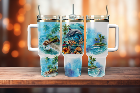 Dolphin and Sea Turtle By The Beach - 40oz tumbler with handle