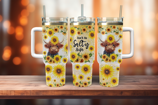 Don't Be Salty Heifer, Highland Cow & Sunflowers - 40oz tumbler with handle
