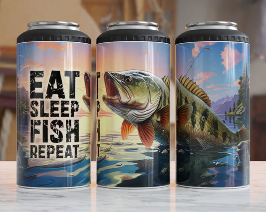 Eat Sleep Fish Repeat - 15, 20 or 30oz skinny tumblers, 4 in 1 can cooler/tumbler and 4 in 1 can cooler/tumbler or 20oz blue tooth speaker tumblers