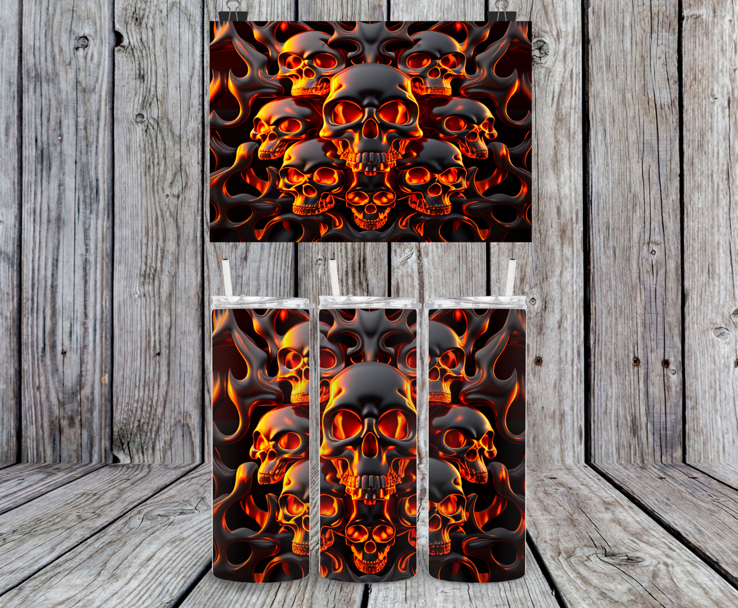 Skulls, Flaming - 15, 20 or 30oz skinny tumblers, 4 in 1 can cooler/tumbler and 4 in 1 can cooler/tumbler or 20oz blue tooth speaker tumblers