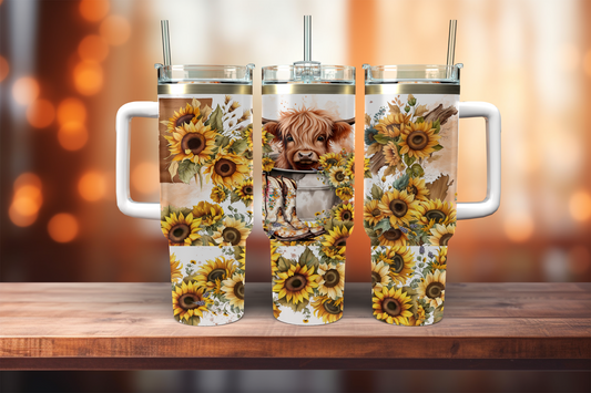 Highland Calf, Bucket & Sunflower - 40oz tumbler with handle