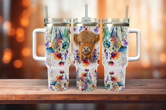 Highland Cow with Boho Florals - 40oz tumbler with handle