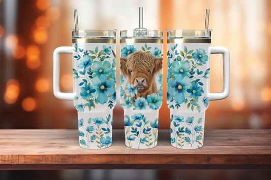 Highland Cow with Bue Florals - 40oz tumbler with handle