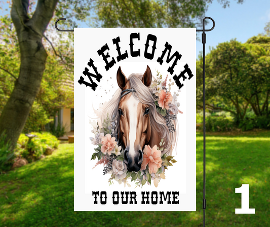 Welcome or Welcome-ish Horse Head with Florals, 8 design options - Garden Flag, 2 styles with or without stand