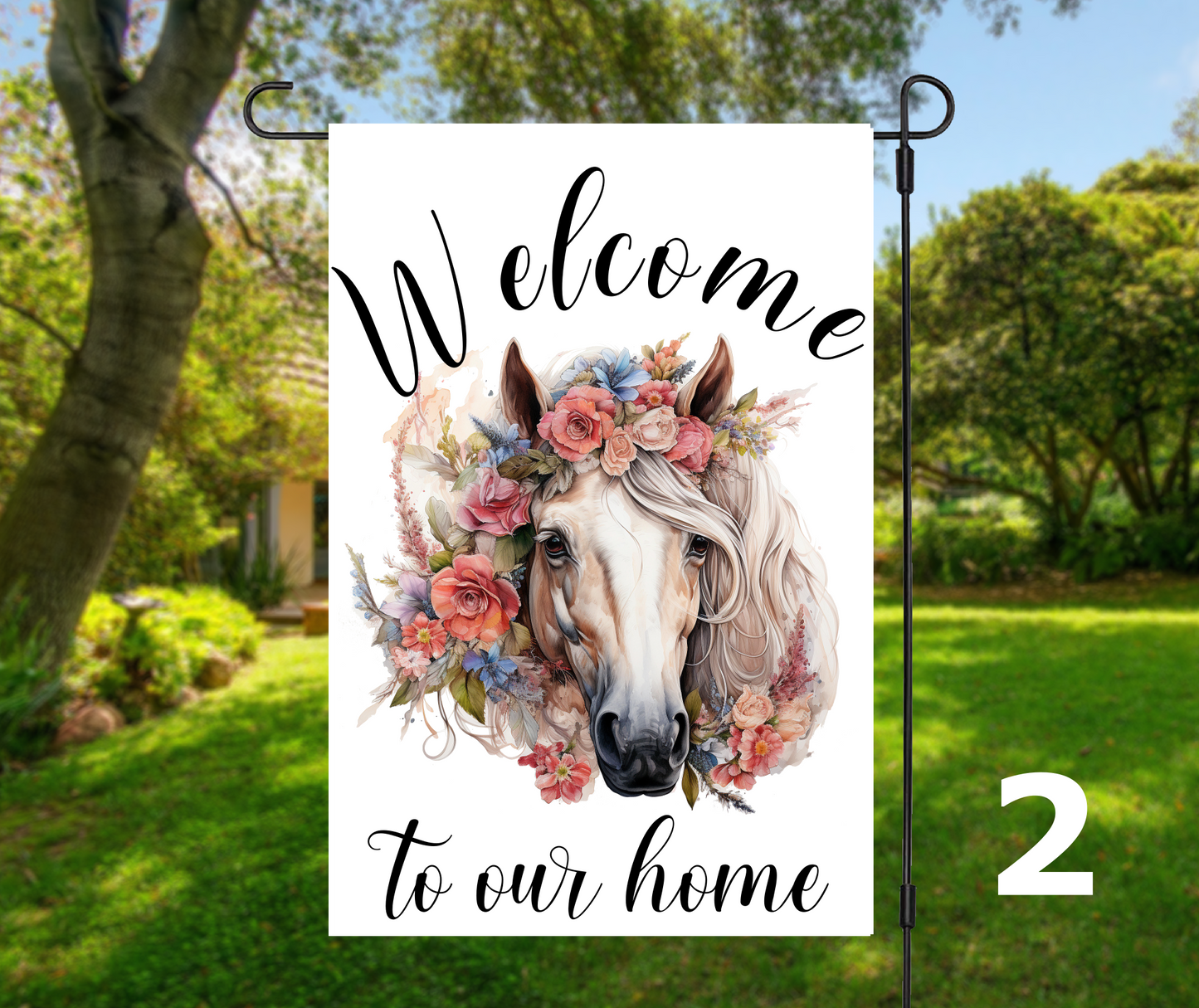 Welcome or Welcome-ish Horse Head with Florals, 8 design options - Garden Flag, 2 styles with or without stand