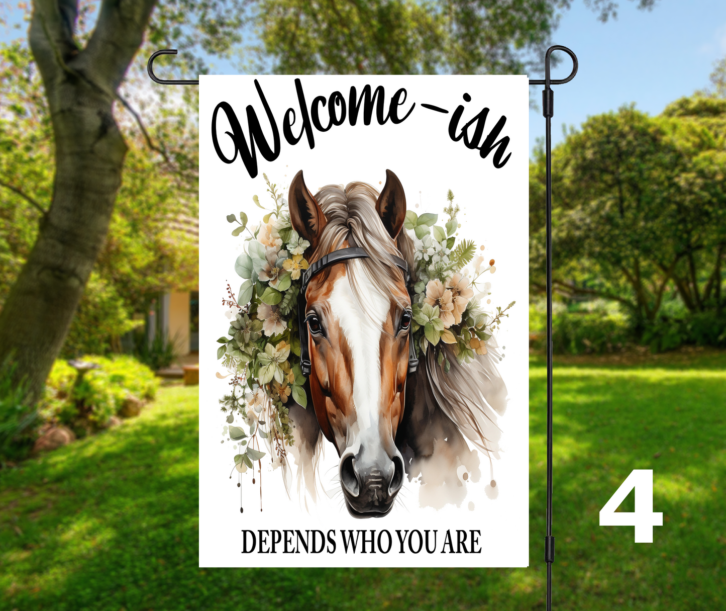 Welcome or Welcome-ish Horse Head with Florals, 8 design options - Garden Flag, 2 styles with or without stand