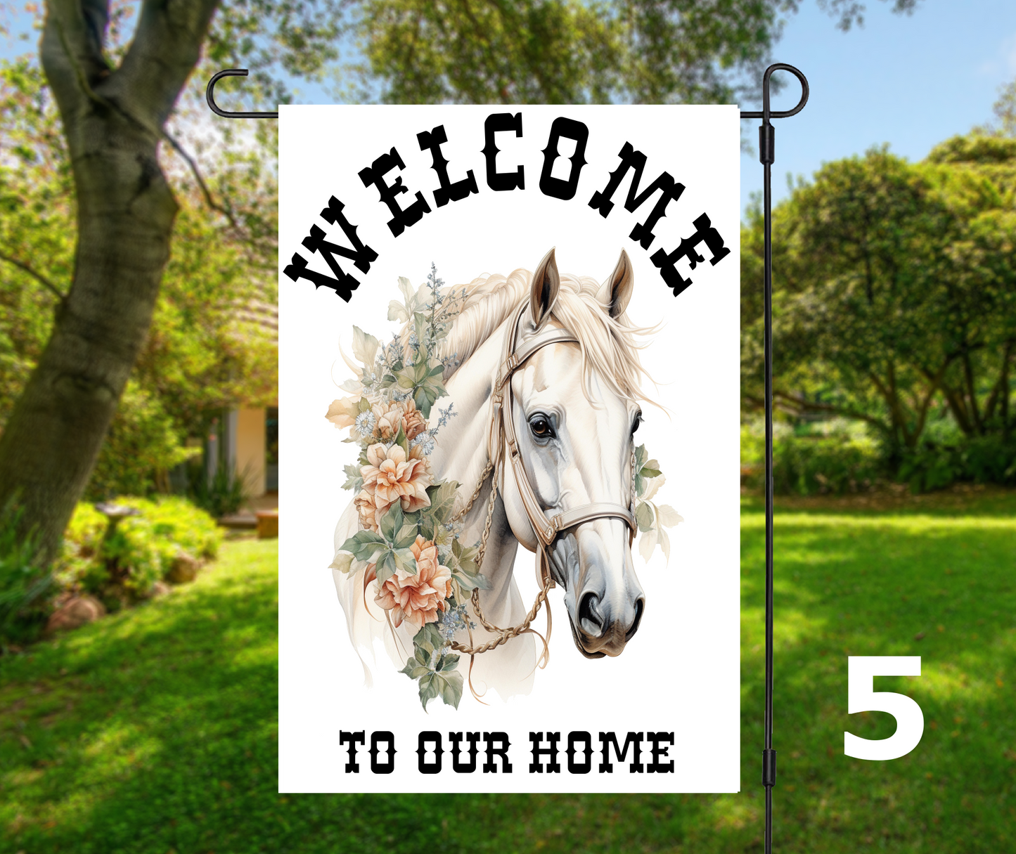 Welcome or Welcome-ish Horse Head with Florals, 8 design options - Garden Flag, 2 styles with or without stand