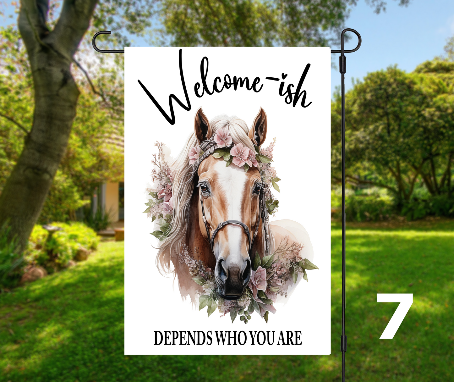 Welcome or Welcome-ish Horse Head with Florals, 8 design options - Garden Flag, 2 styles with or without stand
