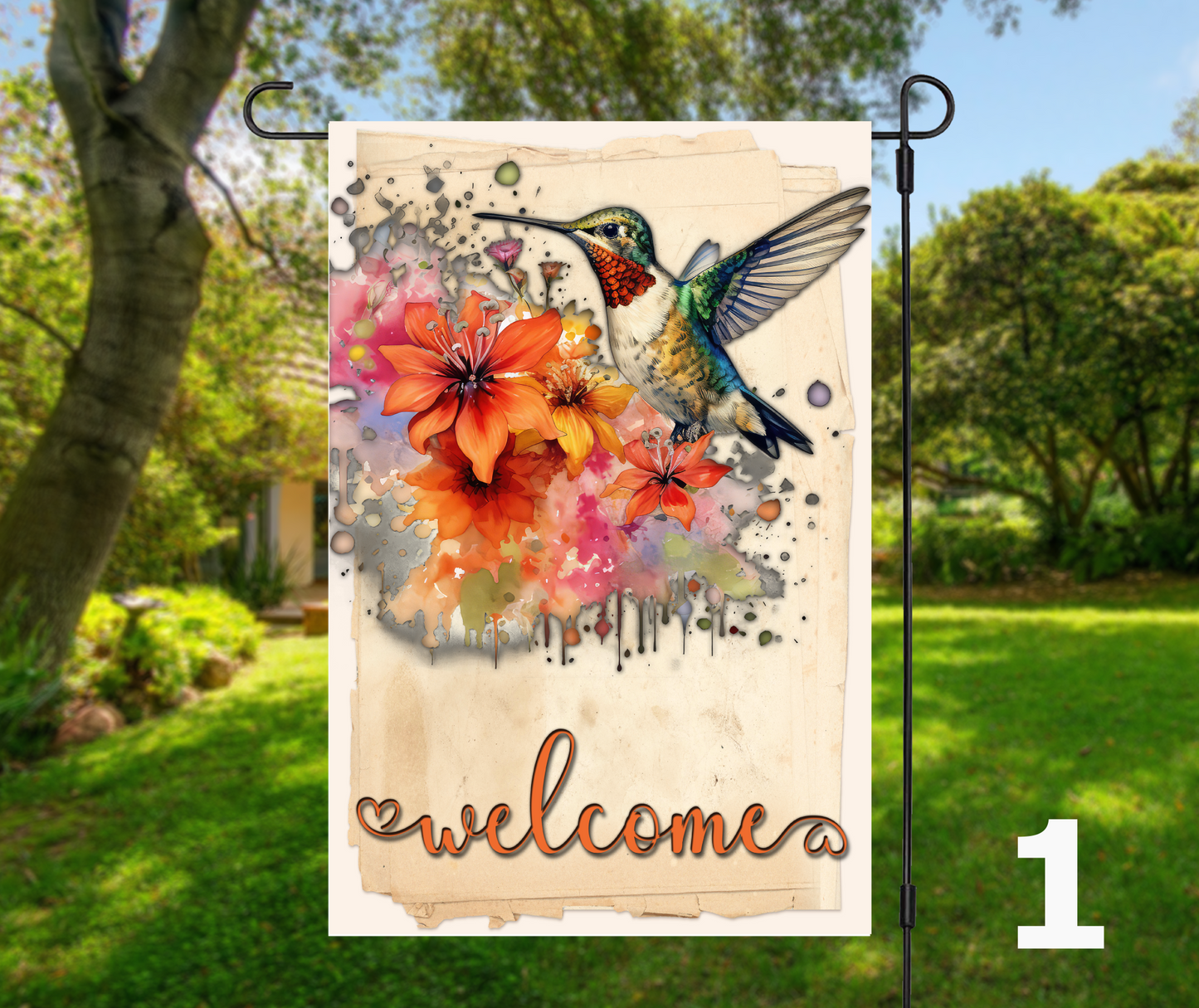 Welcome Hummingbirds & Floral, 6 design options - Garden Flag, 2 styles with or without stand