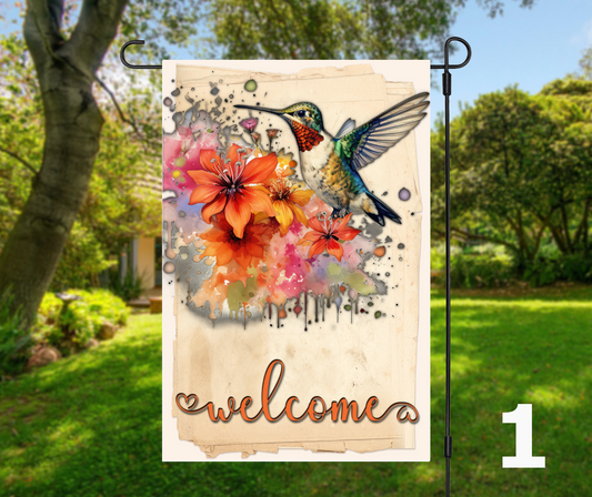 Welcome Hummingbirds & Floral, 6 design options - Garden Flag, 2 styles with or without stand