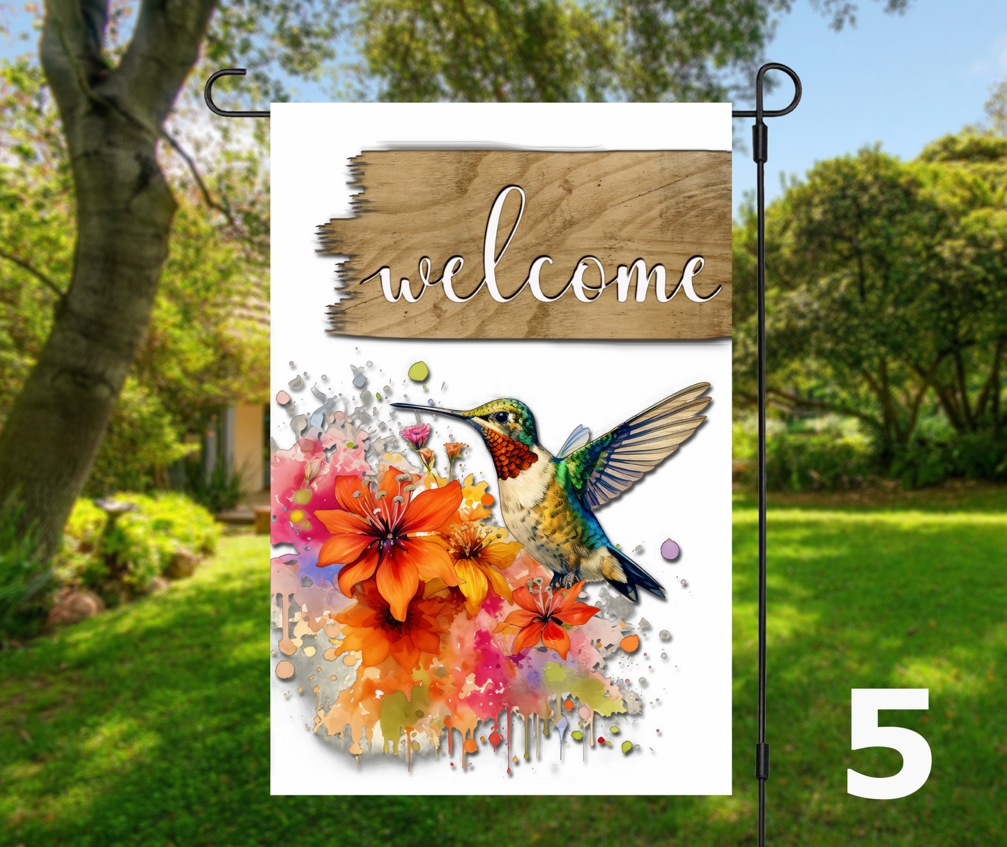 Welcome Hummingbirds & Floral, 6 design options - Garden Flag, 2 styles with or without stand