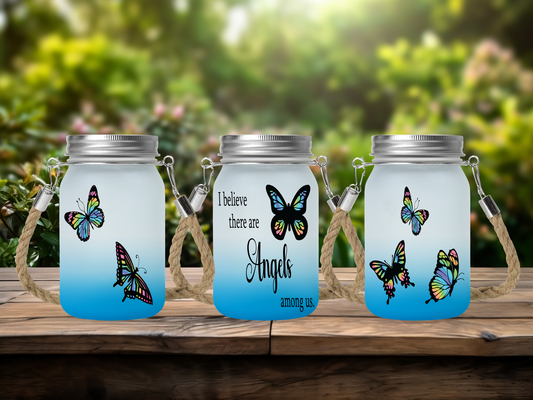 I Believe There Are Angels Among Us - Solar Mason Jar Light with Multicolour Fairy Lights