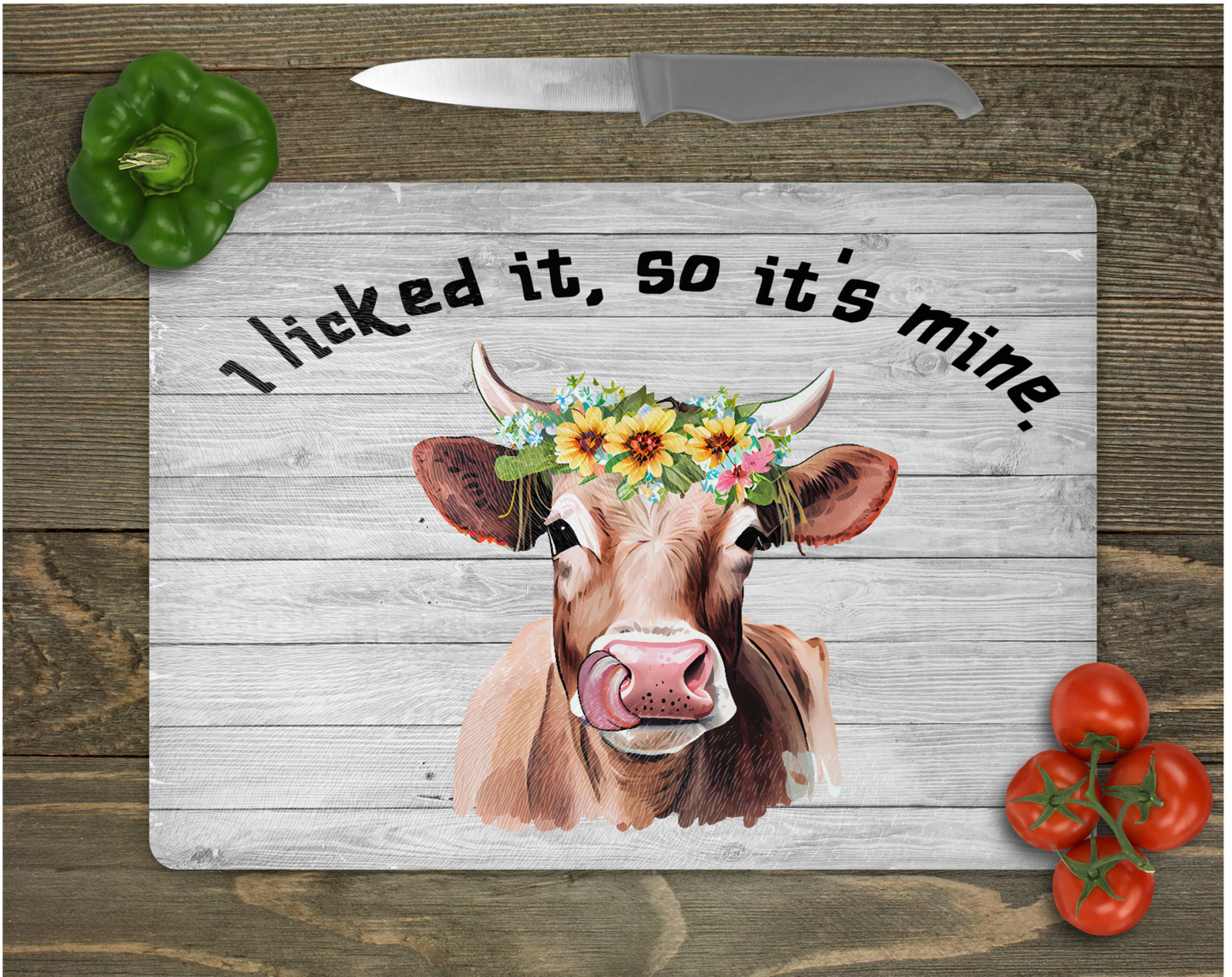 I Licked It So It's Mine, Cow & Sunflowers Tempered Glass Cutting Board, Trivet
