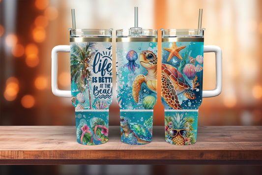 Life Is Better At The Beach, Sea Turtle - 40oz tumbler with handle