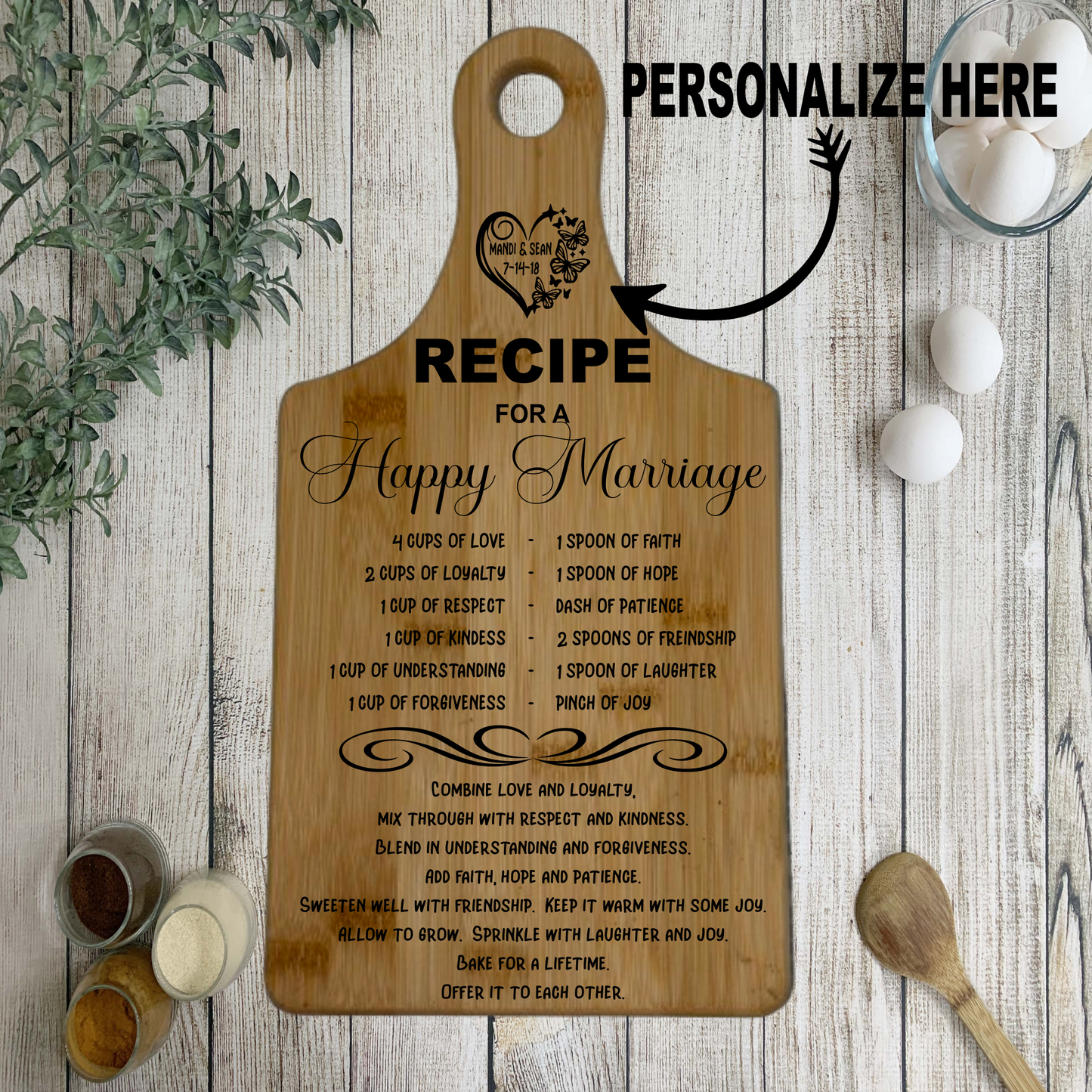A Recipe For Marriage, Personalized Engraved Bamboo Bottle Shaped Cutting Board, Wedding or Anniversary Gift