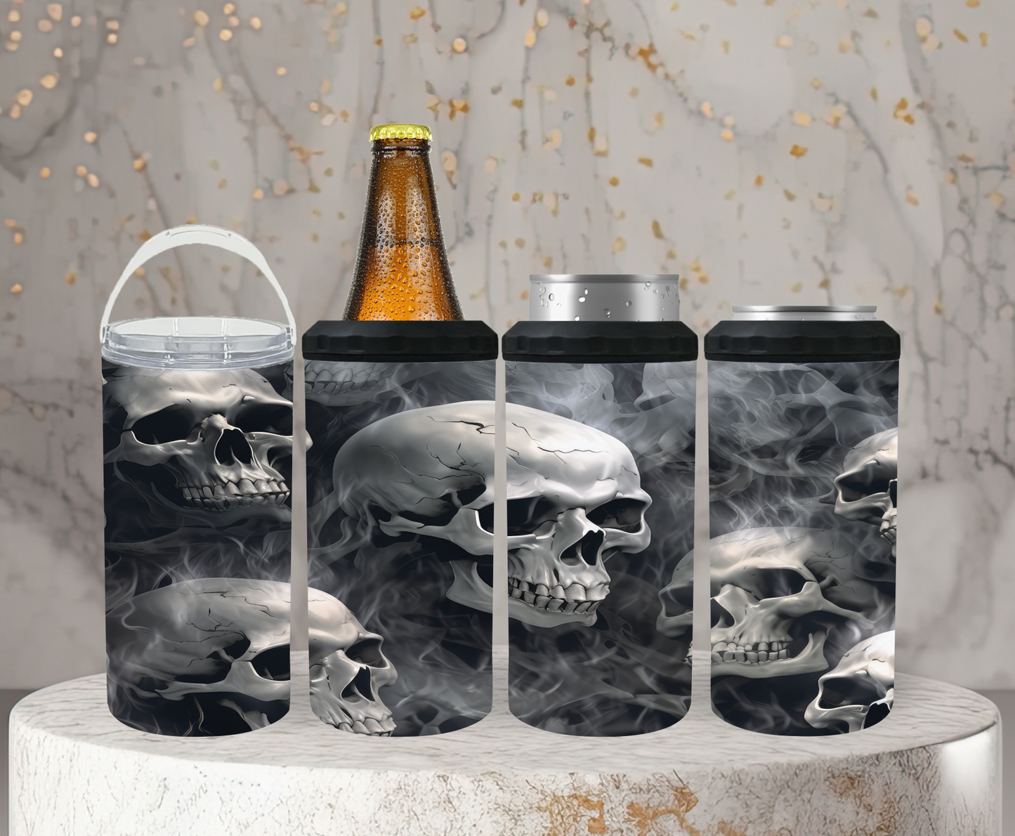 Skull , Grey Smoke - 15, 20 or 30oz skinny tumblers, 4 in 1 can cooler/tumbler and 4 in 1 can cooler/tumbler or 20oz blue tooth speaker tumblers
