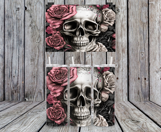 Skull & Pink Roses - 15, 20 or 30oz skinny tumblers, 4 in 1 can cooler/tumbler and 4 in 1 can cooler/tumbler or 20oz blue tooth speaker tumblers