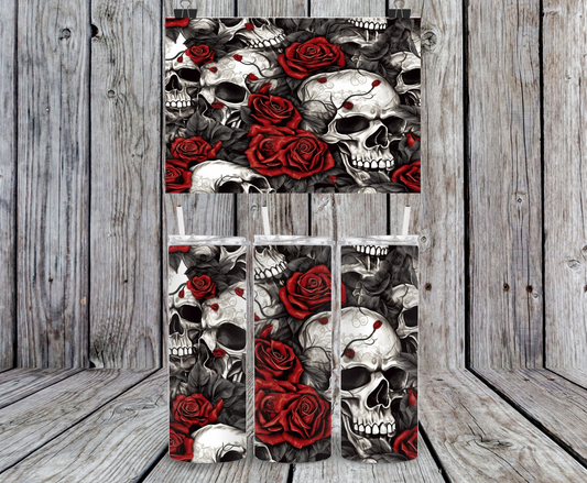Skull & Red Roses - 15, 20 or 30oz skinny tumblers, 4 in 1 can cooler/tumbler and 4 in 1 can cooler/tumbler or 20oz blue tooth speaker tumblers