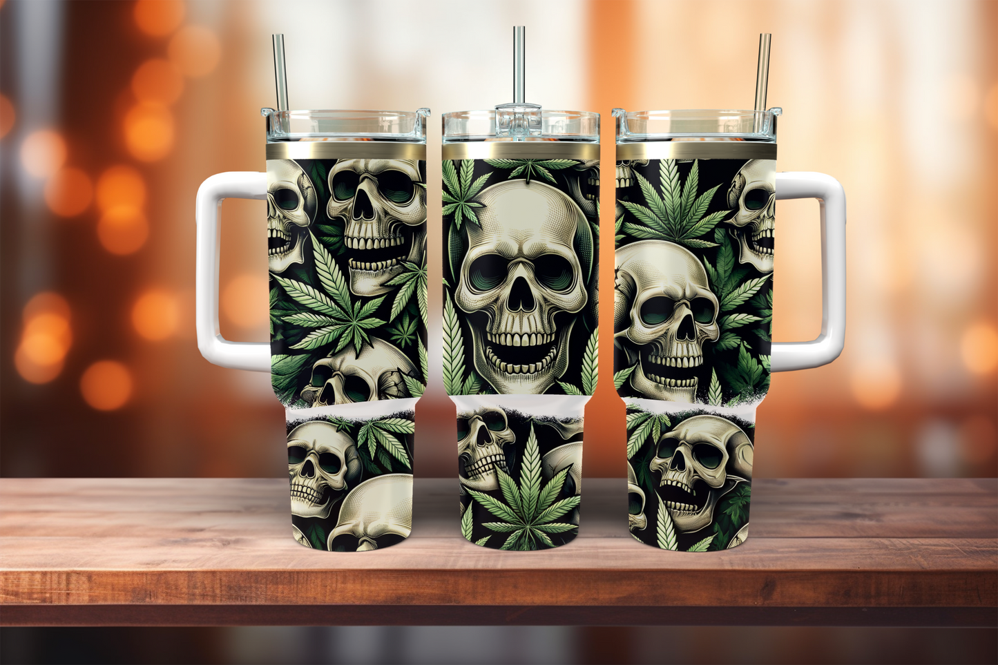 Skulls & Marijuanna Leaves - 40oz tumbler with handle