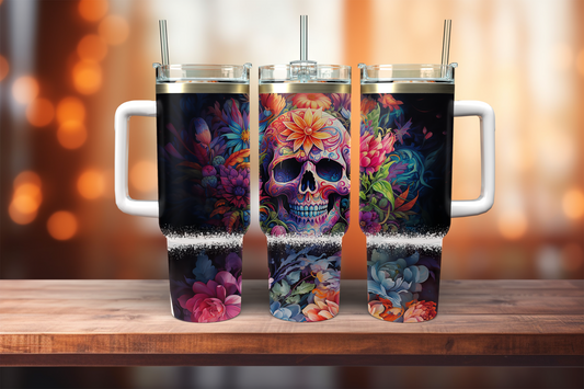 Sugar Skull and Florals - 40oz tumbler with handle