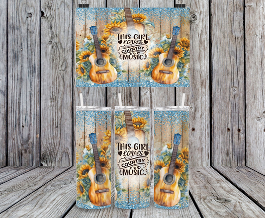 This Girl Love Country Music, Sunflowers with Guitars - 15, 20 or 30oz skinny tumblers, 4 in 1 can cooler/tumbler and 4 in 1 can cooler/tumbler or 20oz blue tooth speaker tumblers