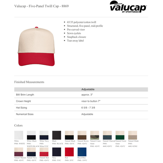 Design Your Own - Valucap Five Panel Twill Cap 8869