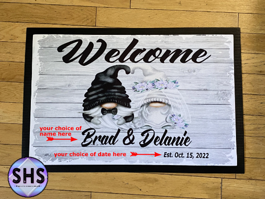 Welcome Bride & Groom Gnomes, Customized - Door Mat, Entrance Mat