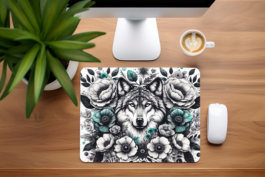Wolf, Teal Flowers - Mouse Pad, 3 sizes to choose from