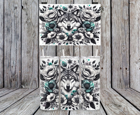 Wolf Surrounded By Florals, Teal - 15, 20 or 30oz skinny tumblers, 4 in 1 can cooler/tumbler and 4 in 1 can cooler/tumbler or 20oz blue tooth speaker tumblers