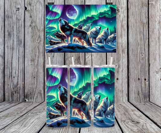 Wolf Howling, Northern Lights - 15, 20 or 30oz skinny tumblers, 4 in 1 can cooler/tumbler and 4 in 1 can cooler/tumbler or 20oz blue tooth speaker tumblers